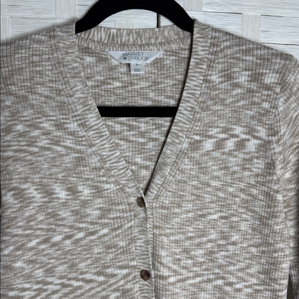 Market & Spruce Marbled Tan & Cream V-Neck Button Down Cardigan Size Medium - Picture 3 of 9